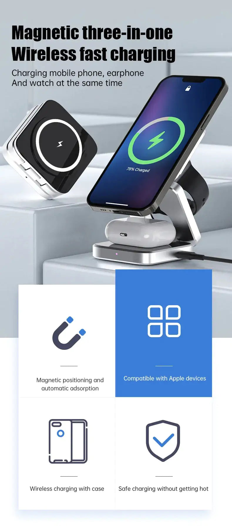 3-in-1 Magnetic Wireless Charger Stand for iPhone 15/14/13 Pro Max Plus, AirPods 3/2 – Fast Charging Dock Station with Fun Duck Design, MagSafe Compatible