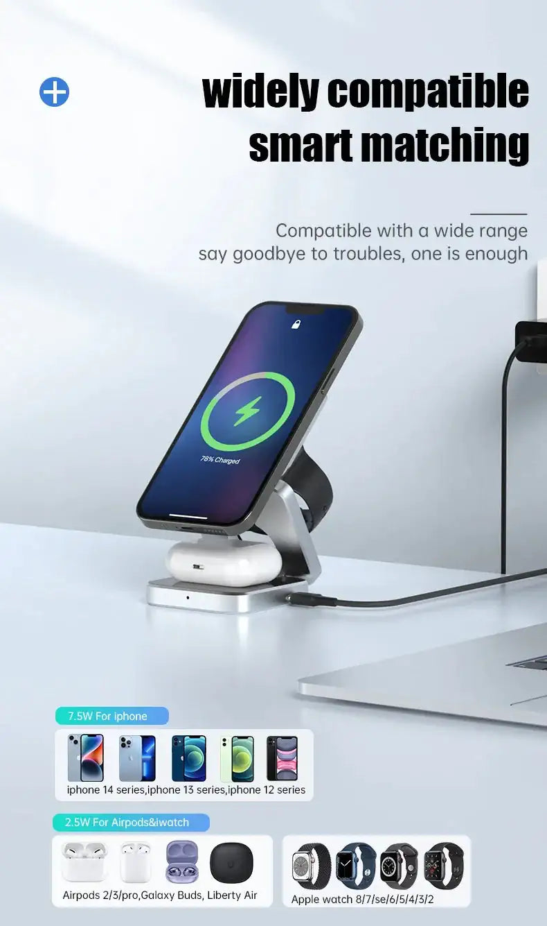 3-in-1 Magnetic Wireless Charger Stand for iPhone 15/14/13 Pro Max Plus, AirPods 3/2 – Fast Charging Dock Station with Fun Duck Design, MagSafe Compatible