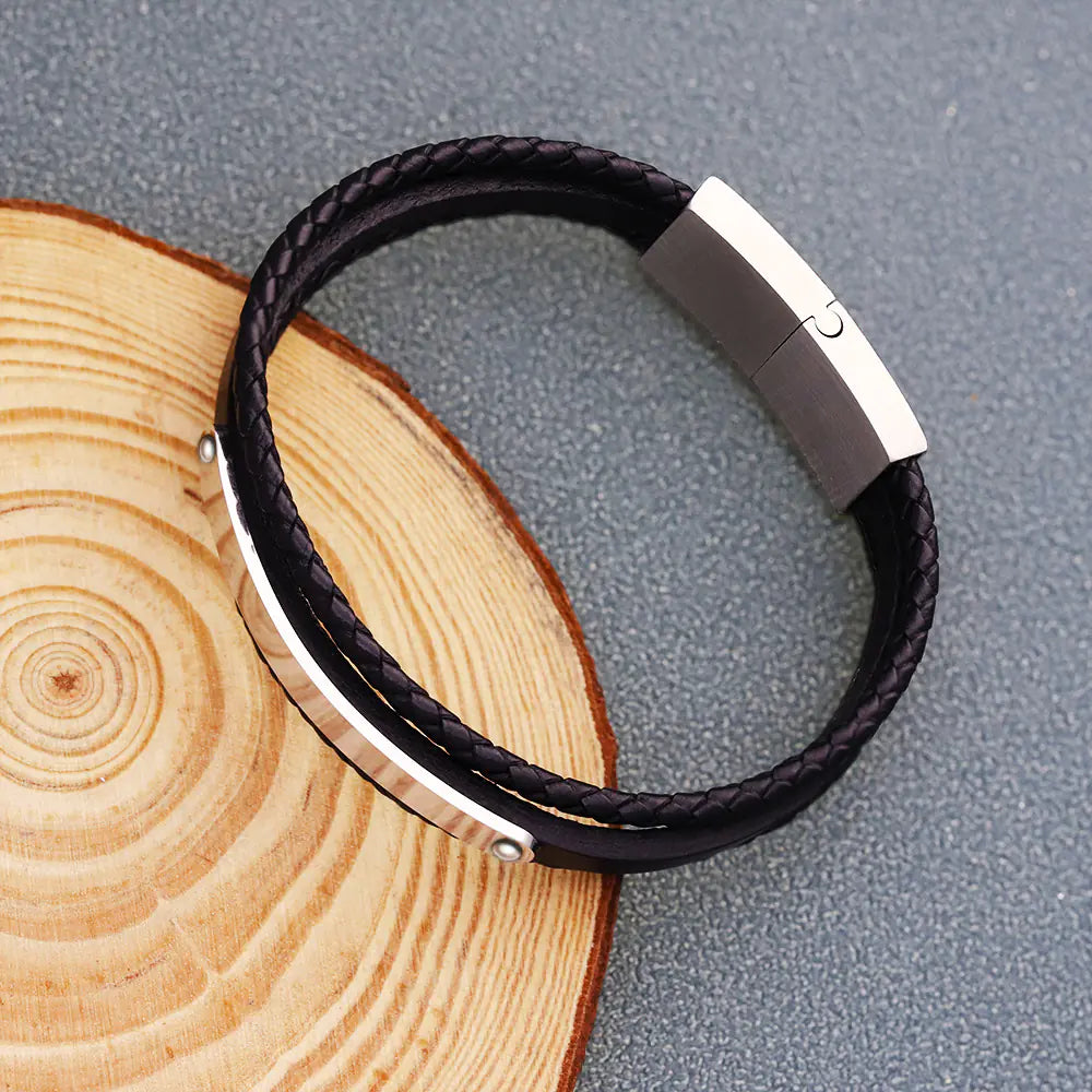 Personalized Black Leather Woven Bracelet for Men