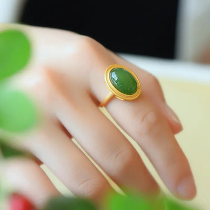 Women's Retro Natural Hetian Jade Ring with Emerald
