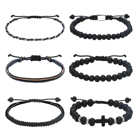 6 Pieces Braided Beaded Bracelets for Men Woven Obsidian Wealth Bracelet Matte Black Onyx Bracelet Adjustable Rope Bracelets Handmade Healing Bracelet Set for Women Men