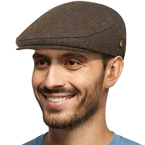 Mens Herringbone Flat Newsboy Hat 50% Wool Blend Tweed Gatsby Cabbie Ivy Classic Golf Cap Brown