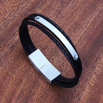 Personalized Black Leather Woven Bracelet for Men
