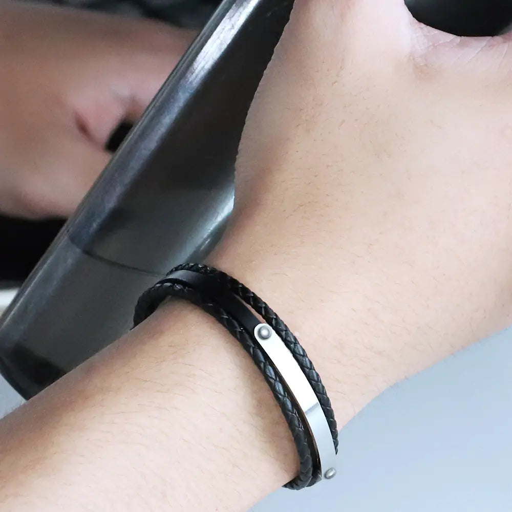 Personalized Black Leather Woven Bracelet for Men