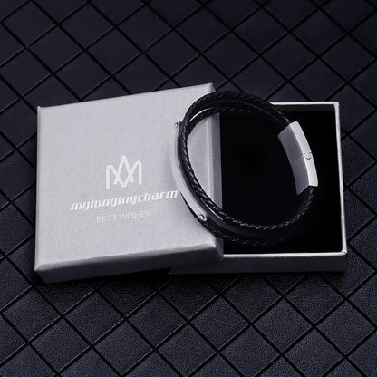 Personalized Black Leather Woven Bracelet for Men