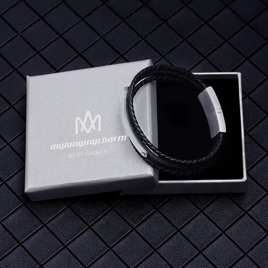 Personalized Black Leather Woven Bracelet for Men