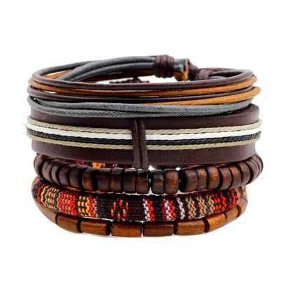 Five-Piece Wooden Bead and Wax Rope Bracelet Set for men